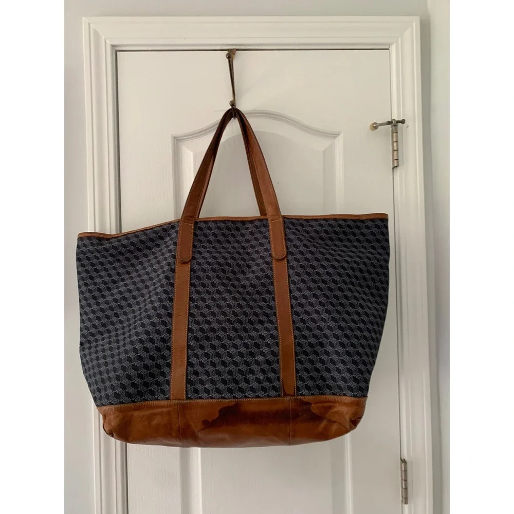 Barrington Geometric Cube Print Canvas Tote Bag Leather Trim Navy Racing Large
